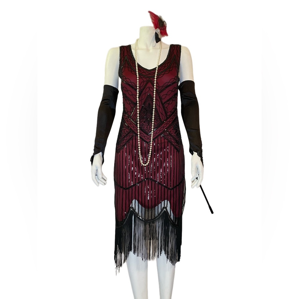 Zapaka Vintage Style 1920s Red Black Sequin V Neck Tassel Trim Flapper Dress